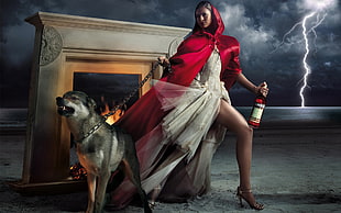 red riding hood holding wolf and bottle with lightning background